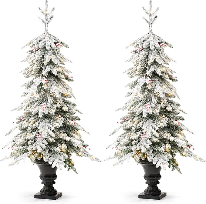 Glitzhome Christmas Porch Tree Set of 2, 5ft Prelit Artificial Christmas Tree with 150 Warm White Lights and 480 PE&PVC Branch Tips, Flocked Potted Christmas Tree for Xmas Indoor Outdoor Decor