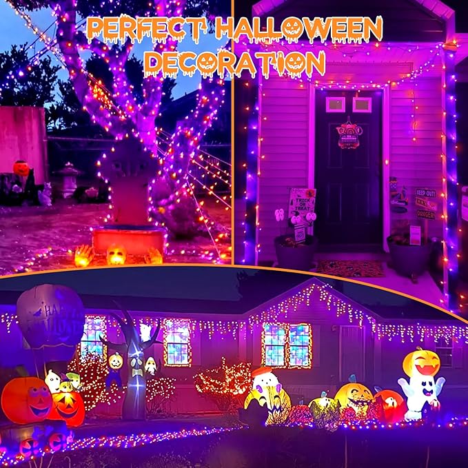 Connectable Purple and Orange Halloween Lights, 2Pack 164ft 400LED 13 Modes Waterproof String Lights Plug in, Twinkle Light with Timer Indoor/Outdoor for Tree Party Halloween Decorations