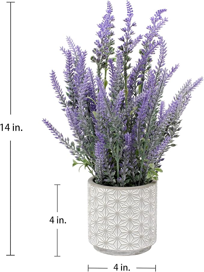 DILATATA Lavender Flowers Artificial Decor in Cement Pot - Faux Plants for Rustic Home, Bathroom, Table Centerpieces, Wedding Decor - Purple Potted Lavender Flower