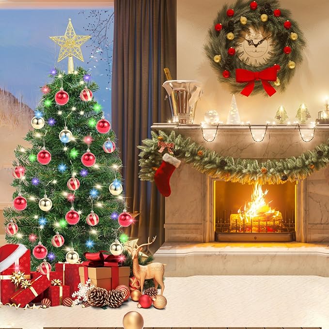 3Ft Christmas Tree with Lights, Table Christmas Tree with 50 LED 12 Modes, 3D Star, 15 Hanging Ball Ornaments, Small Prelit Xmas Tree for Tabletop, Home and Office (Green)