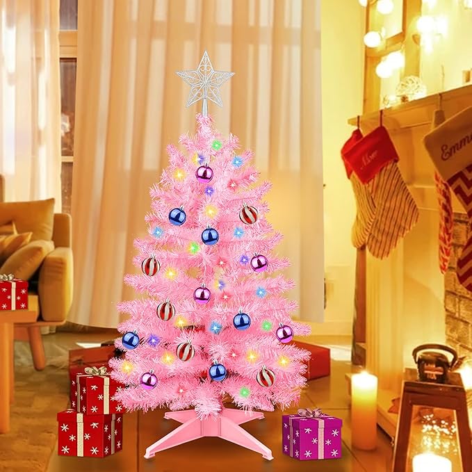 3FT Pink Christmas Tree Tinsel with 50 Warm White & Multi Color Fariy Light 3D Star 15 Ball Ornament, 12 Light Modes Timer Battery Operated Small Artificial Full Xmas Tree Table Indoor Holiday Decor
