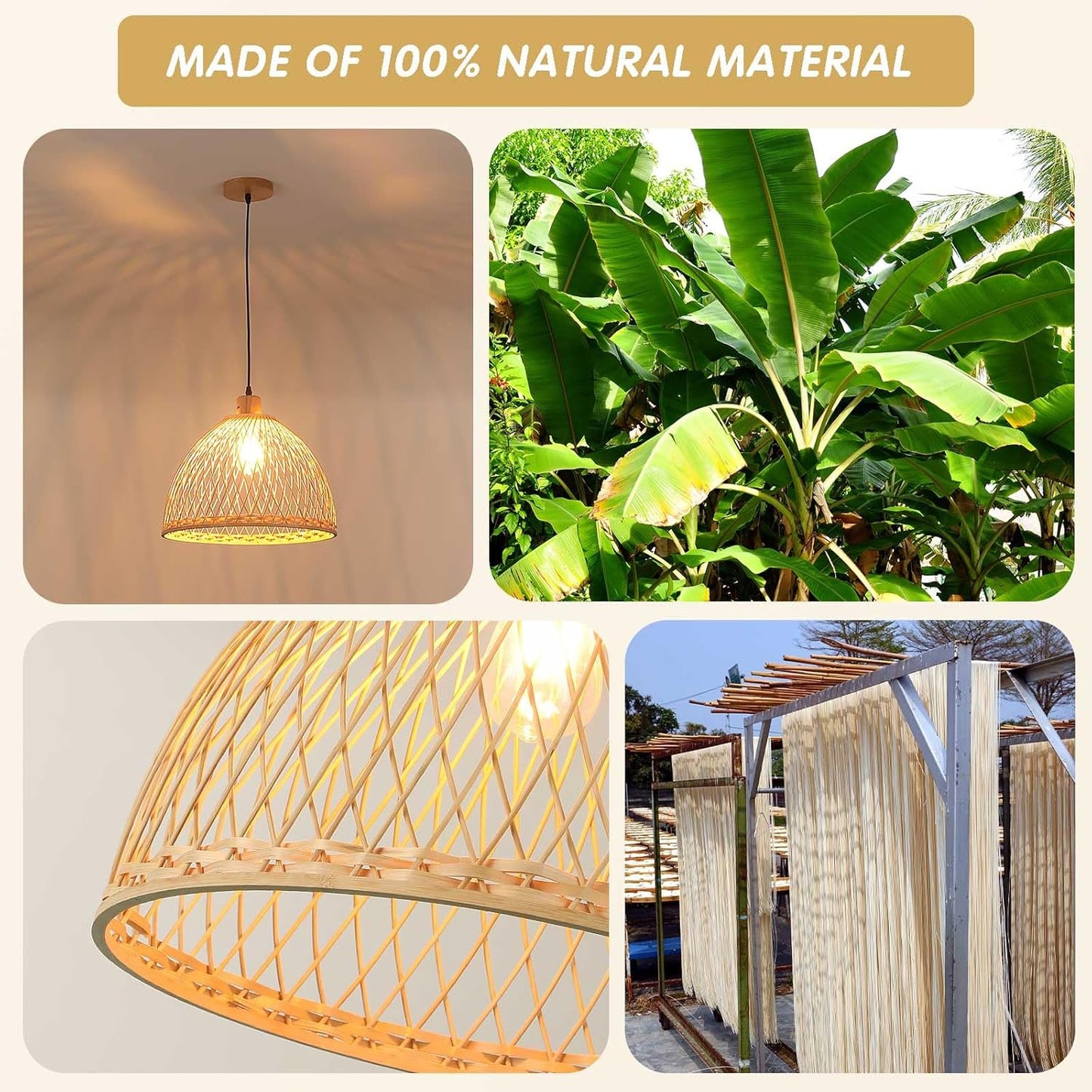 Hand-Woven Rattan Pendant Light, 16 Inch Boho Wicker Lights Fixture Wite Adjustable Cable, Coastal Hanging Lighting for Kitchen Island Dining Room Living Room Entrance Foyer