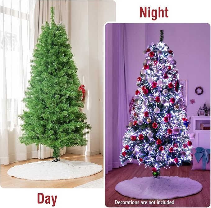 Happygrill 6FT Fiber Optic Christmas Tree, Artificial Spruce Tree Pre-lit Green Xmas Tree with Metal Stand, 617 Branch Tips, Full Tree for Holiday Decoration