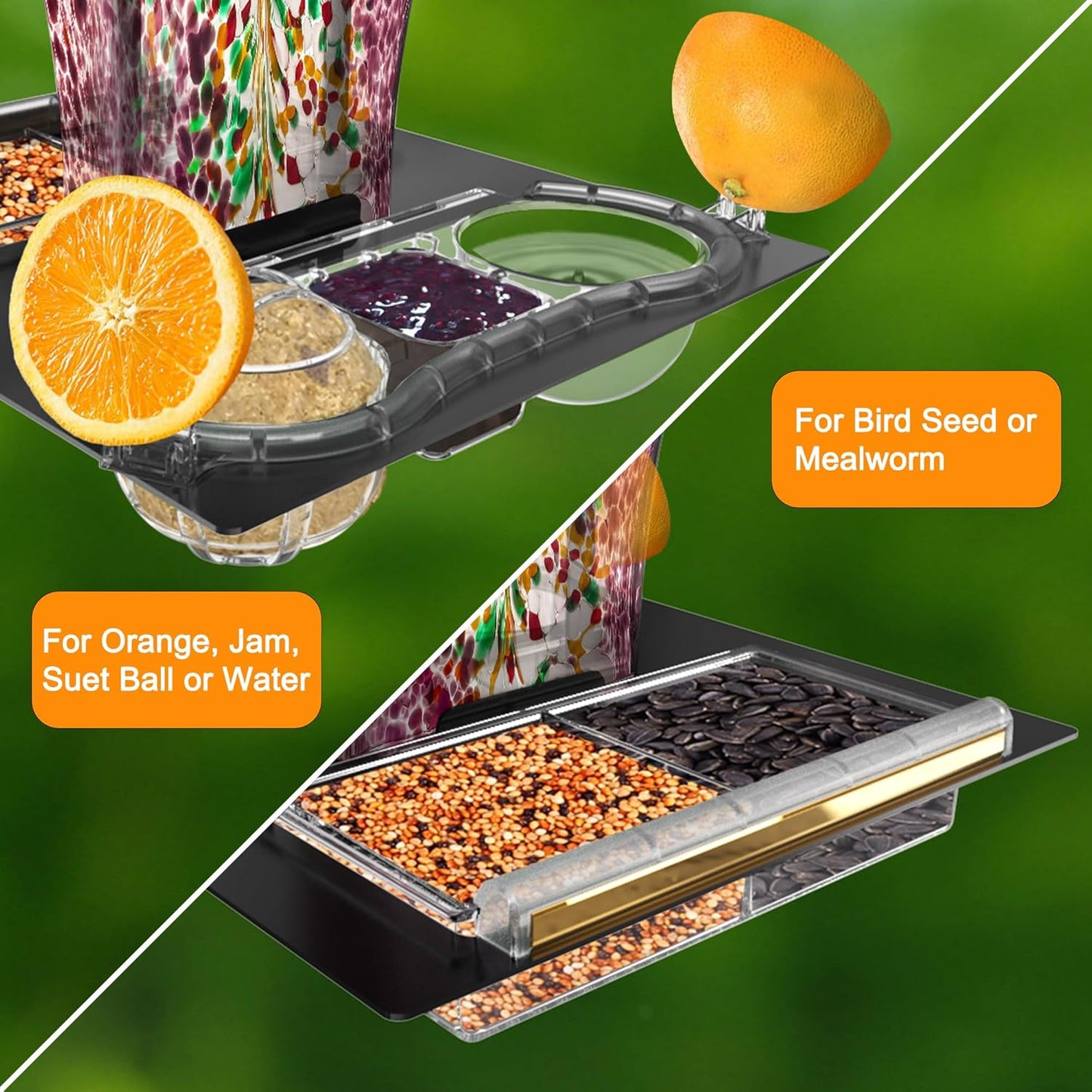 LUJII 6-in-1 Solar Bird Feeder with RGB String Lights, Hand Blown Glass, 2 Removable Trays for Bird Seed, Suet Ball, Mealworm, Oriole Orange Fruit, Jelly or Water, Purple