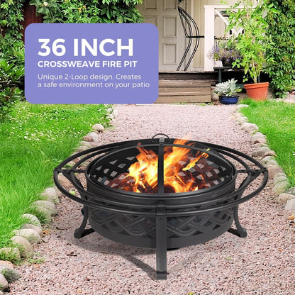 36 Inch Fire Pit with 2 Loops,Crossweave Wood Burning Fire Pits for Outside,with Spark Screen,Fire Poker,Round Outdoor Firepit for Patio,Yard,Garden,Camping,Bonfire(36''Black)