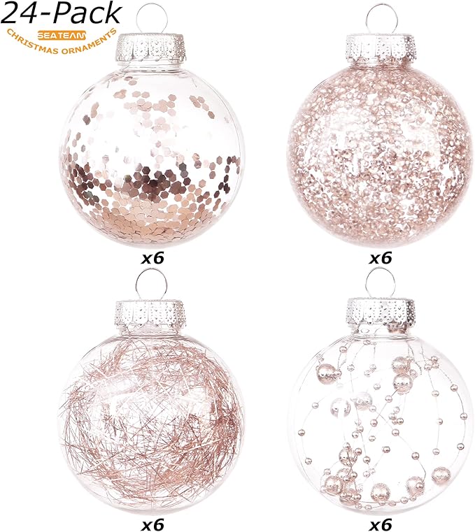 Sea Team Shatterproof Clear Plastic Christmas Ball Ornaments Decorative Xmas Balls Baubles Set with Stuffed Delicate Decorations (70mm/2.76 inch 24-Pack, Rose Gold)