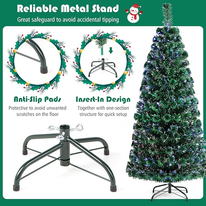 HAPPYGRILL 6FT Fiber Optic Christmas Tree Pre-Lit Artificial Christmas Tree Green Xmas Tree with LED Lights for Indoor Outdoor Festival Decor