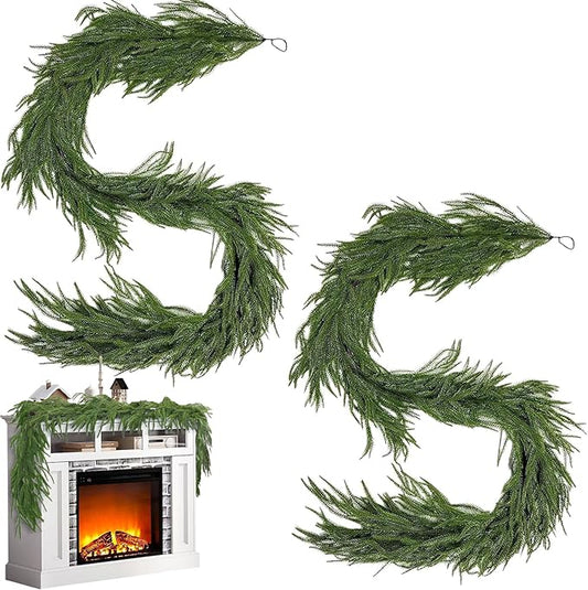 2Pcs 9FT Norfolk Pine Garland Christmas Dense Winter Pine Garland Green Artificial Faux Greenery Real Touch Garlands for Mantle, Wall, Table, Home Xmas Holiday Decor