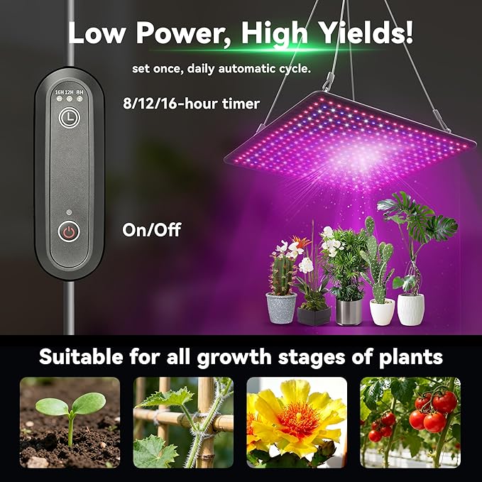 LED Grow Light Panel 600W Lamp for Indoor Plants, Full Spectrum with White Blue Red UV IR LEDs for 3x3ft Coverage Grow Tent Greenhouse Veg and Bloom Seedlings Hydroponics Timer Brightness