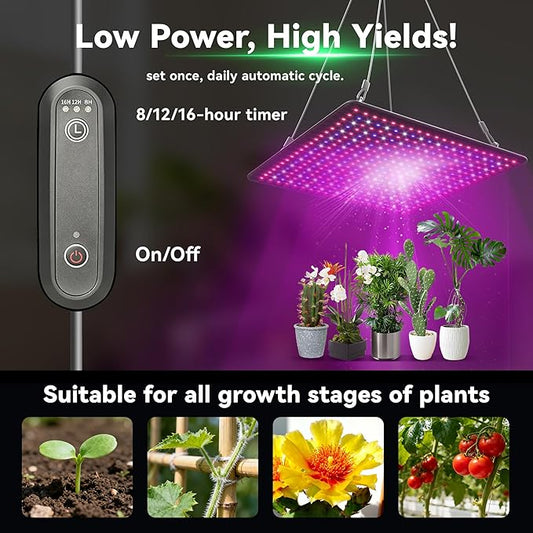 LED Grow Light Panel 600W Lamp for Indoor Plants, Full Spectrum with White Blue Red UV IR LEDs for 3x3ft Coverage Grow Tent Greenhouse Veg and Bloom Seedlings Hydroponics Timer Brightness