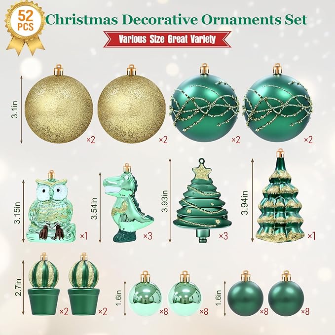Dolicer 52 Pcs Christmas Tree Ornaments Various Styles Christmas Ball Ornaments Set Green Gold Christmas Ornament Shatterproof Lightweight Hanging Decorations for Xmas Tree Holiday Party Home