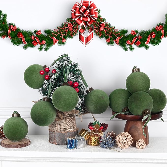 6 Pcs Velvet Christmas Balls Bulk Shatterproof Plastic Christmas Tree Decorations for Decorative Hanging Baubles (6, Green, 3.94Inch)