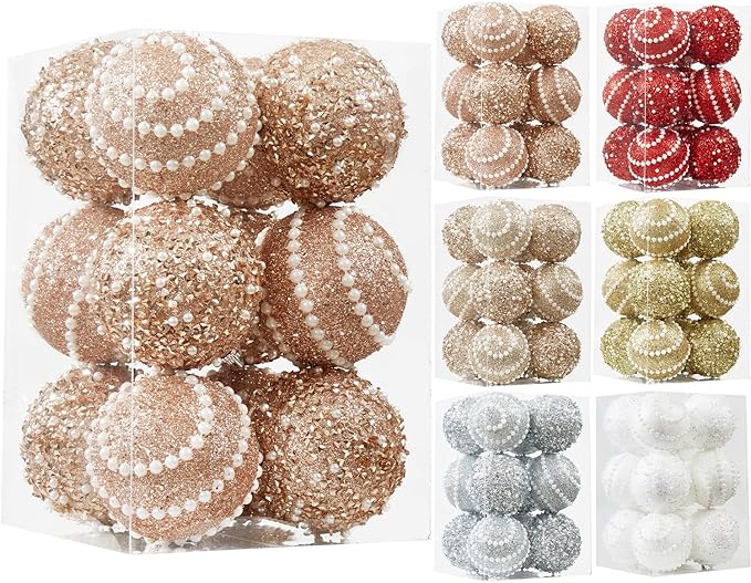 Rose Gold Christmas Ball Ornaments,12ct Christmas Tree Shatterproof Plastic Hanging Sequin Xmas Balls for Festivals Holiday Party Decorations(70mm/2.76")