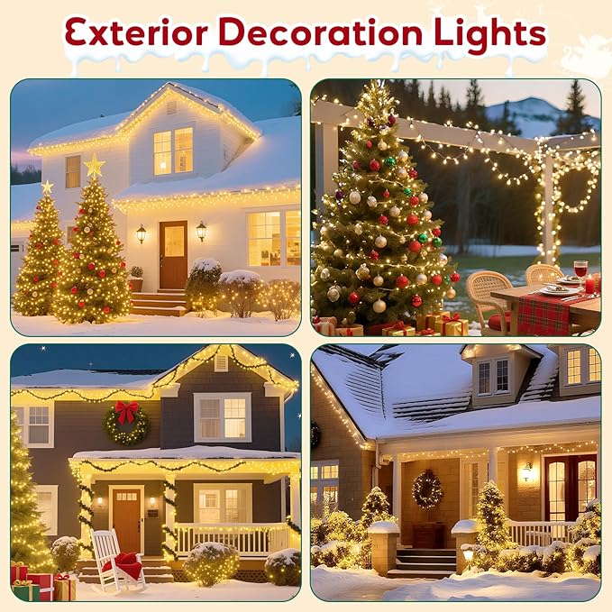 Hishine 164FT 1000LED Christmas Lights Outdoor String Lights Indoor 8 Modes Waterproof Plug in Christmas Tree Light for Holiday, Warm White