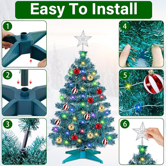 [ Timer & 12 Modes ] 3 Ft Blue Christmas Tree with DIY 50 Warm White & Multi Color Lights 15 Ball Ornaments 3D Star Remote Control Battery Operated Pencil Full Tree Xmas Christmas Decorations Table