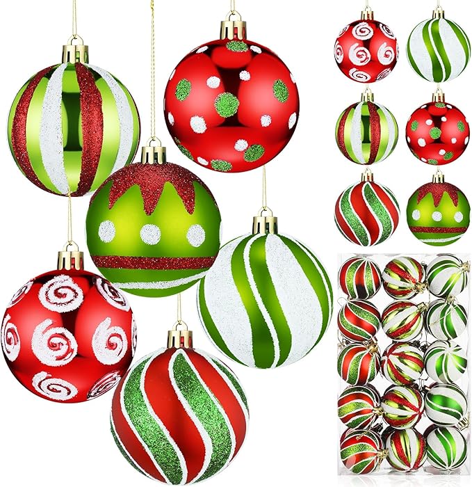 Leyndo 30 Pcs Christmas Ball Ornaments 2.4 Inch Lime Green Red White Whimsical Christmas Tree Decorations Glitter Elf Polka Dot Stripes Swirl Peppermint Candy Cane Xmas Bulbs for Tree(Stylish Style)