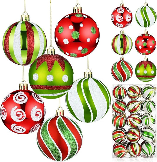 Leyndo 30 Pcs Christmas Ball Ornaments 2.4 Inch Lime Green Red White Whimsical Christmas Tree Decorations Glitter Elf Polka Dot Stripes Swirl Peppermint Candy Cane Xmas Bulbs for Tree(Stylish Style)