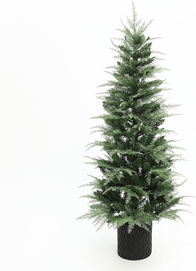 LuxenHome 5FT Small Christmas Tree, Potted Slim Christmas Tree with 100 Warm White LED Lights, Realistic Cedar Prelit Artificial Christmas Trees with Black Planter Pot for Outdoor Porch, Entryway