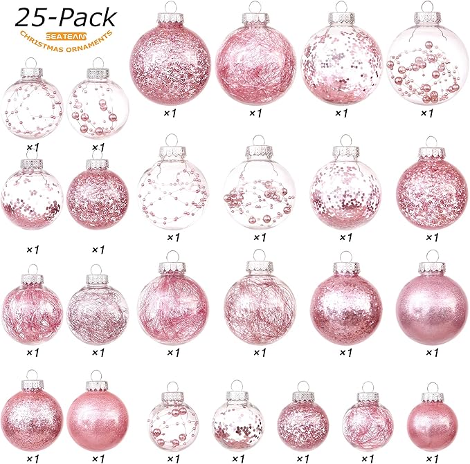 Sea Team Christmas Baubles Set, Shatterproof Clear Plastic Christmas Baubles Multi-Size Decorative Baubles with Stuffed Delicate Decorations (25 Pieces, Pink)