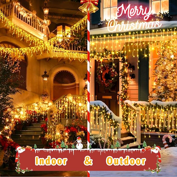 131 FT 1280 LED Christmas Lights Outdoor Decorations Super Long Clear Wire String Lights Plug in 240 Drops 8 Modes Memory Timer Curtain Fairy Lights Waterproof for Holiday Wedding Party-Warm White
