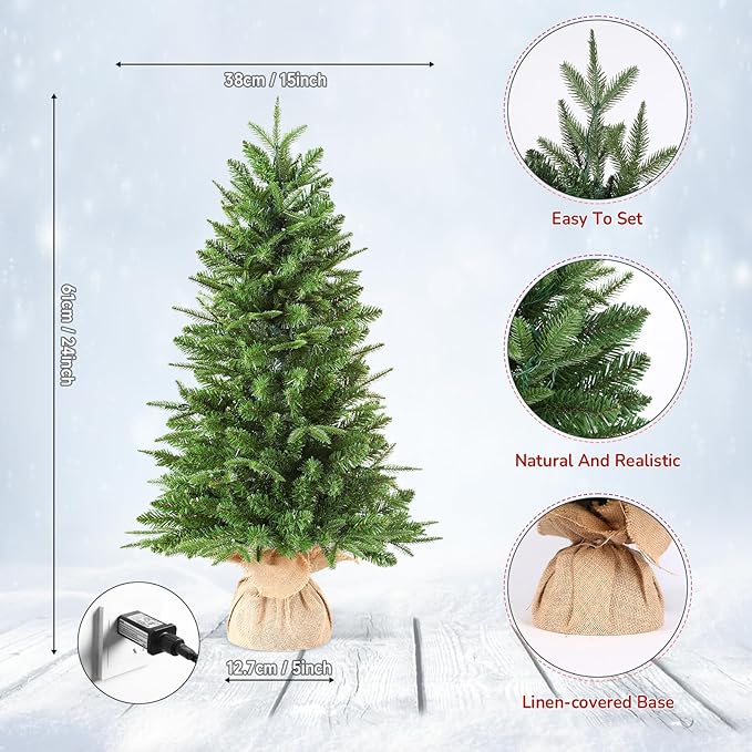 2 ft Small Mini Prelit Artificial Christmas Tree with Color LED Lights, Remote Control and Timer, Perfect PE+PVC Little Tabletop Christmas Tree for Table Top Decor, Home,Wedding, Dining Desk, 2 Foot