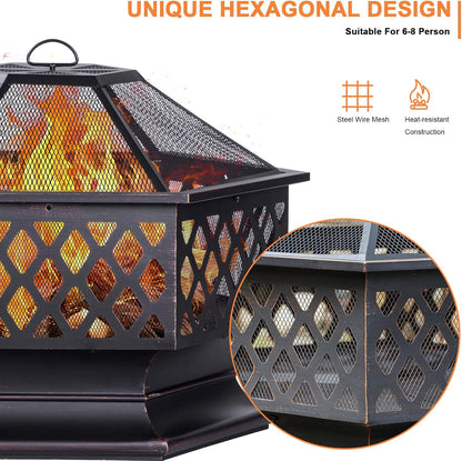 33 Inch Outdoor Fire Pit, Hexagon Shaped Wood Burning Firepit for Outside Bonfire, Patio, Backyard and Camping (Antique Bronze)