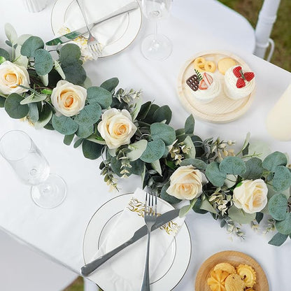 Ouddy Decor Eucalyptus Garland 6.56 Ft Lush Silver Dollar Leaves Boxwood Artificial Faux Greenery Vines for Baby Shower Wedding Party Table Runner Room Home Mantle Decor, Champagne