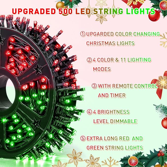 JMEXSUSS 173ft 500 LED Christmas Lights Outdoor, Red and Green Christmas String Lights with Remote, Color Changing Christmas Tree Lights Plug in for Indoor Party Halloween Christmas Decor