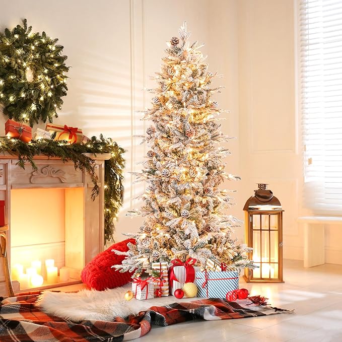 Goplus 6ft Pre-Lit Snow Flocked Christmas Tree, Artificial Hinged Xmas Tree with 210 Warm-White Incandescent Lights, 715 Branch Tips, Natural Pinecones, Metal Stand, for Holiday Office Home Decor