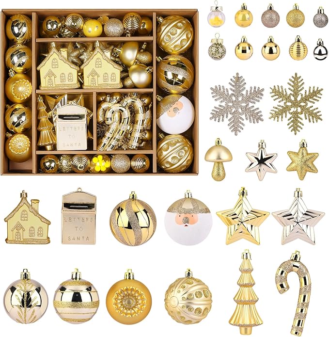 SHareconn 80ct Christmas Balls Ornaments Set, Shatterproof Plastic Colorful Xmas Decorative, Baubles for Tree Decorations with Hanging Strings,Deep Shallow Gold