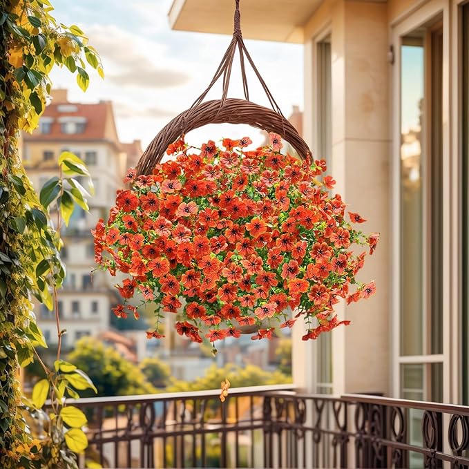 SHIAWASENA Realistic Outdoor Fake Plants Flowers, Artificial Flowers, UV Resistant, 12 Bundles Faux Silk Colorful Violet Flowers Bouquet with Eucalyptus (Orange)