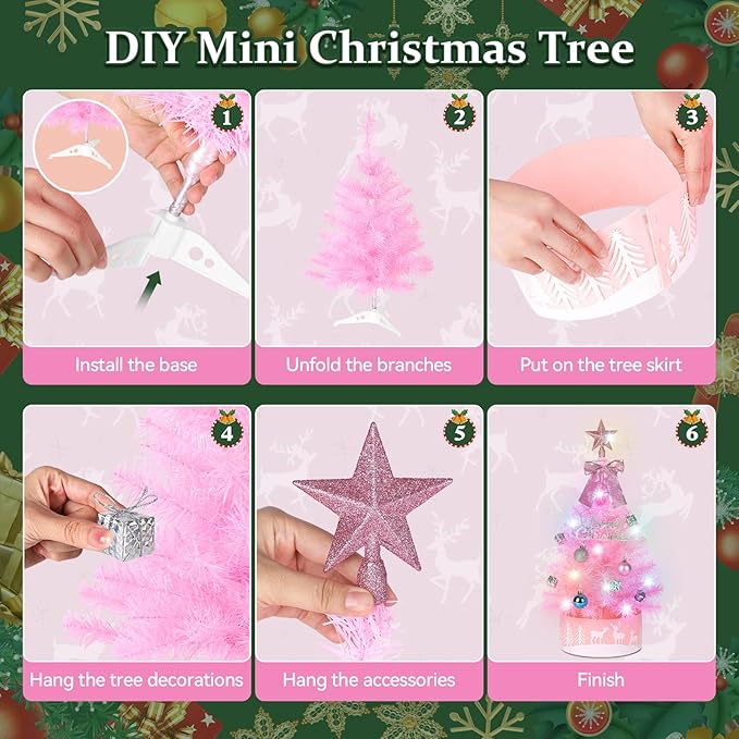 2FT Pre-lit Small Christmas Tree with Lights, Pink Small Christmas Tree with Balls & Star Topper, 3 Lighting Modes Tabletop Xmas Trees for Home, Office, Indoor Decor (Battery Not Included)