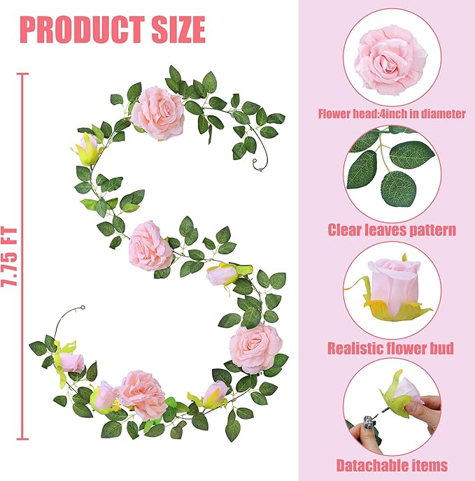 Sggvecsy 4Pcs 31Ft Artificial Rose Vine Fake Flower Garland Floral Garland Faux Silk Hanging Vine Rose Ivy Vines for Wedding Arch Party Wall Garden Ceremony Background Outdoor Decor (Pink)