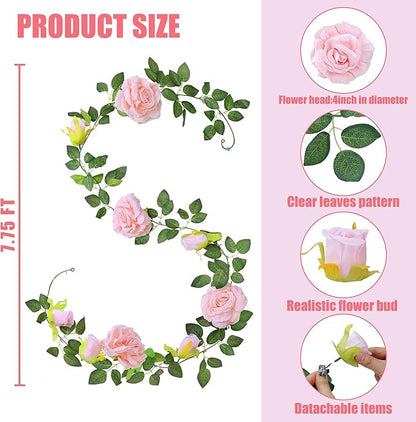Sggvecsy 4Pcs 31Ft Artificial Rose Vine Fake Flower Garland Floral Garland Faux Silk Hanging Vine Rose Ivy Vines for Wedding Arch Party Wall Garden Ceremony Background Outdoor Decor (Pink)