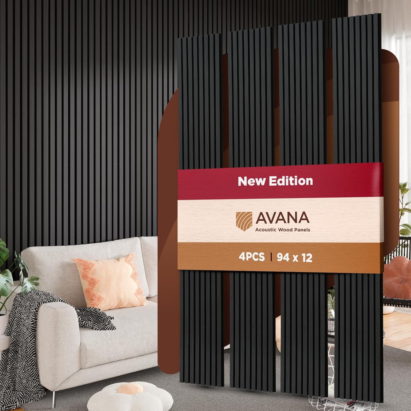 Avana Acoustic Wood Wall Panels – 94.4 x 12.6 Inch Black Oak Acoustic Panels 4 PCs – Wall Panels For Interior Wall Decor For Homes, Offices, Studios – Pleasing Decorative Wood Panels For Wall