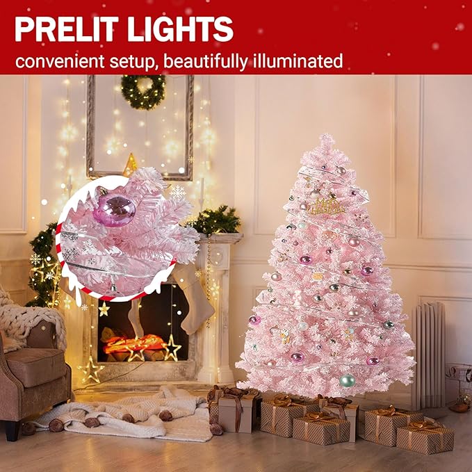4.5FT Pink Artificial Christmas Tree with 400 Realistic Branch, Flocked Full Xmas Tree with Foldable Stand, Easy Assembly Hinged Pine Tree for Home, Shop, Office, Party Holiday Decoration