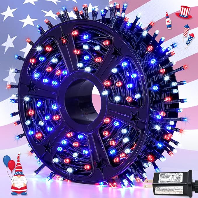 JMEXSUSS 500 LED Red White and Blue Lights 4th of July Decorations, 173ft 8 Modes 4th of July Lights Outdoor, Waterproof Patriotic String Light Plug in for Memorial Day Independence Day Decor