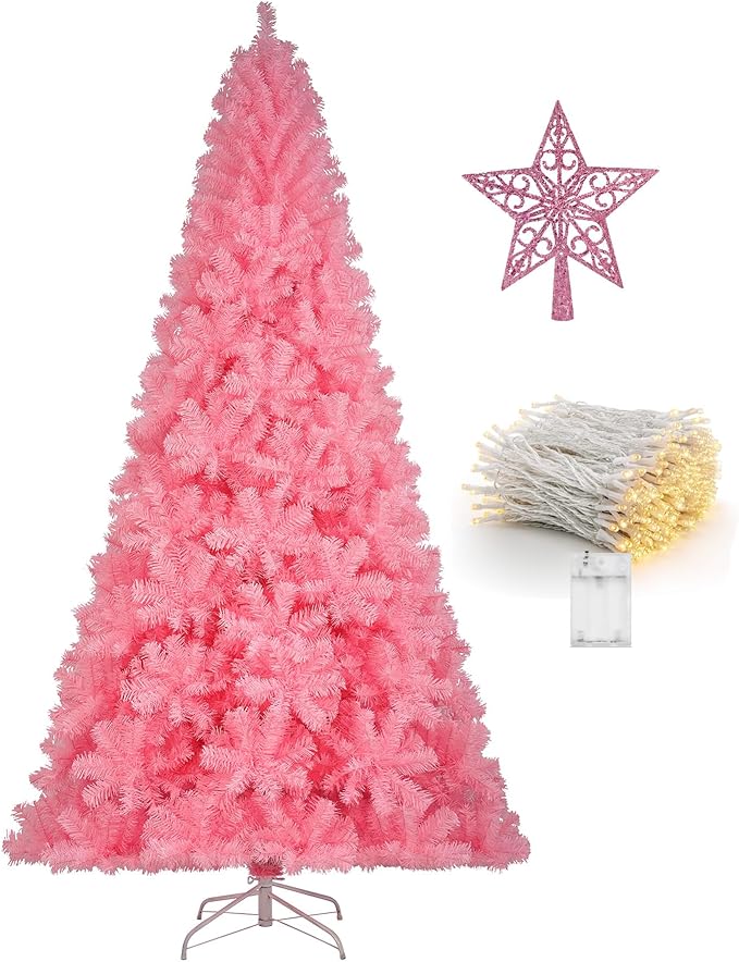 KTKDE 4ft Pink Christmas Tree Artificial Tree Decorations with 450 Tips-1pcs Treetop Star 1 Set 100 Led String Lights(Batteries not Include), Small Xmas Tree Indoor Holiday Party Decorations
