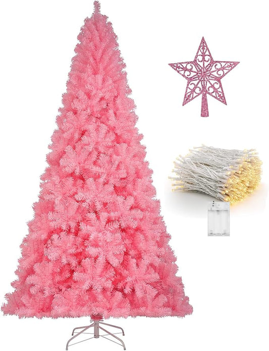 KTKDE 4ft Pink Christmas Tree Artificial Tree Decorations with 450 Tips-1pcs Treetop Star 1 Set 100 Led String Lights(Batteries not Include), Small Xmas Tree Indoor Holiday Party Decorations