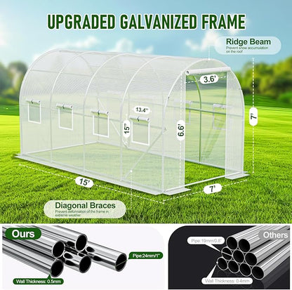 SPECILITE Walk-in Tunnel Greenhouse for Outdoors, 15×7×7 FT Heavy Duty Hoop House Kit with 8 Screen Windows, Thicken PE Cover & Galvanized Frame, Portable Large Green Houses for Outside, Winter, White