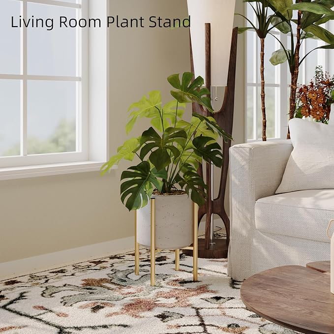 Plant Stand Indoor for 2 Height Options ,Mid Century Modern Outdoor Planter Holder,Corner plant stand Capacity of 160LB for 8 to 14 Inch Pots Golden with Round Plate