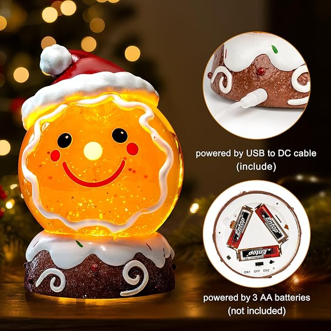 Christmas Music Snowglobe Water Lantern Gingerbread Man Smiling Wind Lantern with Christmas Hat Decoration Table Centerpiece Used for Home PartyDecoration, USB Wired Festival Gift