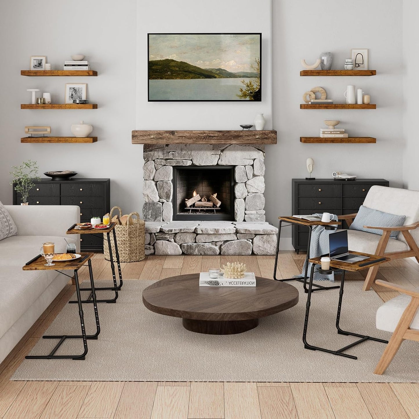 TV Trays Set of 4 - Folding TV Tray Adjustable Dinner Trays for Eating On Couch Wooden Tables Mate Stand Foldable Rustic Desk with Cup Holder Portable