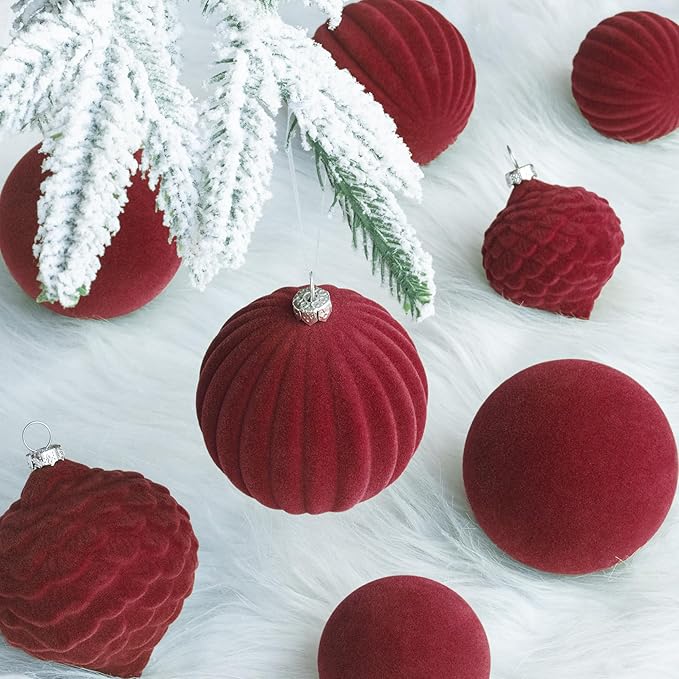 KI Store Velvet Christmas Balls Burgundy 25pcs Flocked Christmas Tree Ornaments Assortment for Xmas Tree Holiday Decor