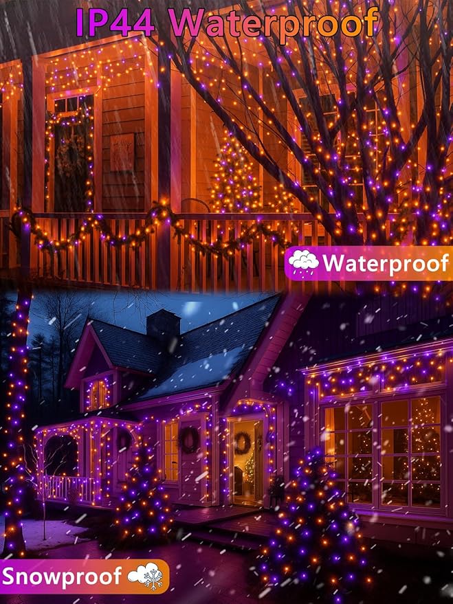 2-Pack 66FT 200 LED Extendable Halloween Lights,13 Modes Orange and Purple Halloween Decorations Outdoor Indoor Tree Lights Waterproof, Plug in String Lights with Timer and Memory for Bedroom Decor