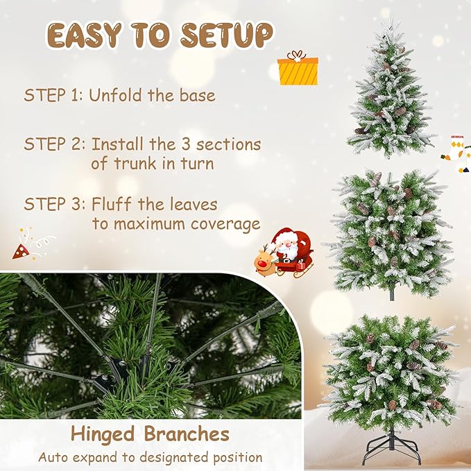 GOFLAME 6 FT Pre-Lit Pencil Christmas Tree Snow Flocked, Slim Artificial Xmas Tree with 671 Branch Tips, 280 LED Lights, 60 Natural Pine Cones, Hinged Holiday Decoration Tree for Home Office
