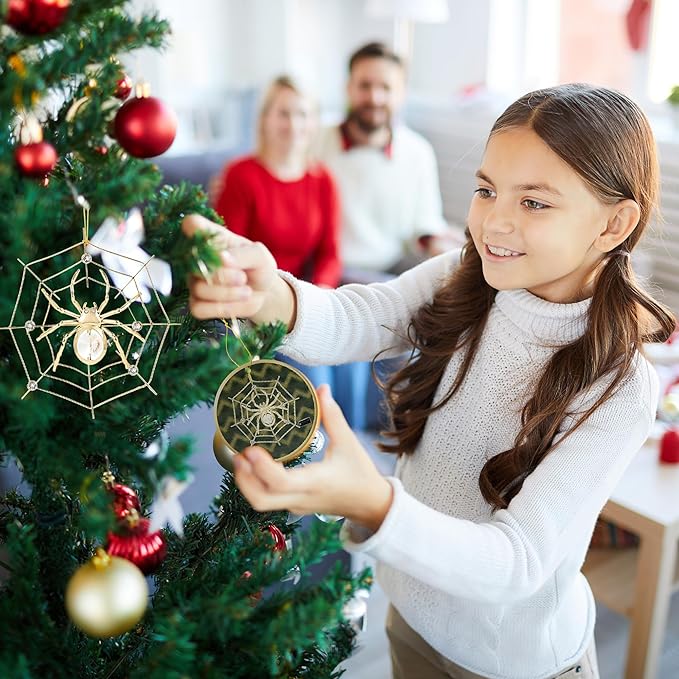 Spider Ornament Set of 2 – 24K Gold Plated Crystal-Studded Hanging Ornament & Multidimensional 5D Spider Ornament for Christmas Tree Decor by Matashi