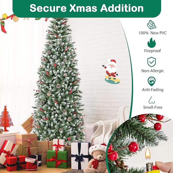 GOFLAME 7FT Pre-Lit Pencil Christmas Tree, Artificial Xmas Tree with 818 Branch Tips, 40 Pine Cones, 39 Clusters of Red Berries & 350 Warm White LED Lights, Holiday Decoration Tree for Home Party