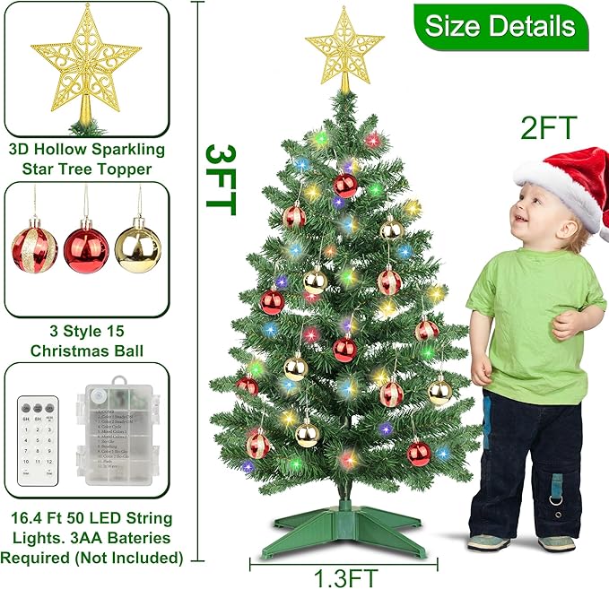 3 Ft Premium Green Christmas Tree 12 Modes Dual Color Change Timer DIY 50 Warm White & Multicolor Lights Star 15 Ball Ornaments Battery Operated Small Artificial Full Xmas Tree Table Home Indoor