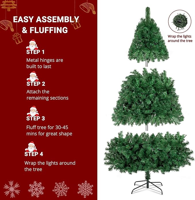 VINGLI 7ft Christmas Tree with 200 Warm LED Lights, 1100 Full PVC Tips, Pre-Lit Artificial Xmas Tree with Sturdy Metal Stand, 8 Lighting Modes for Holiday & Party Decorations
